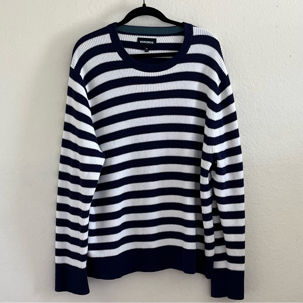 Bonobos Navy Blue White Striped Crewneck Cashmere Long Sleeve Sweater Size XXL